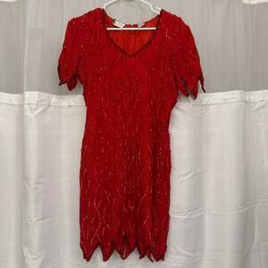 Vintage Lawrence Kazar Red Beaded Silk Party Dress Evening Cocktail Gown Women’s